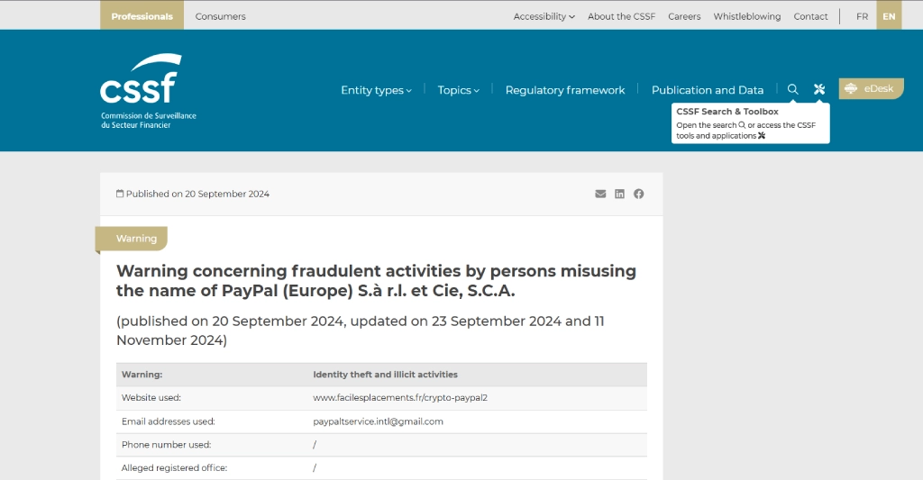 Fragment strony CSSF pokazujący licencję PayPal (Europe) S.à r.l. et Cie, S.C.A.