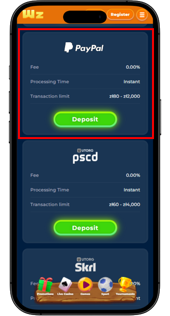 Wazamba Deposit PayPal